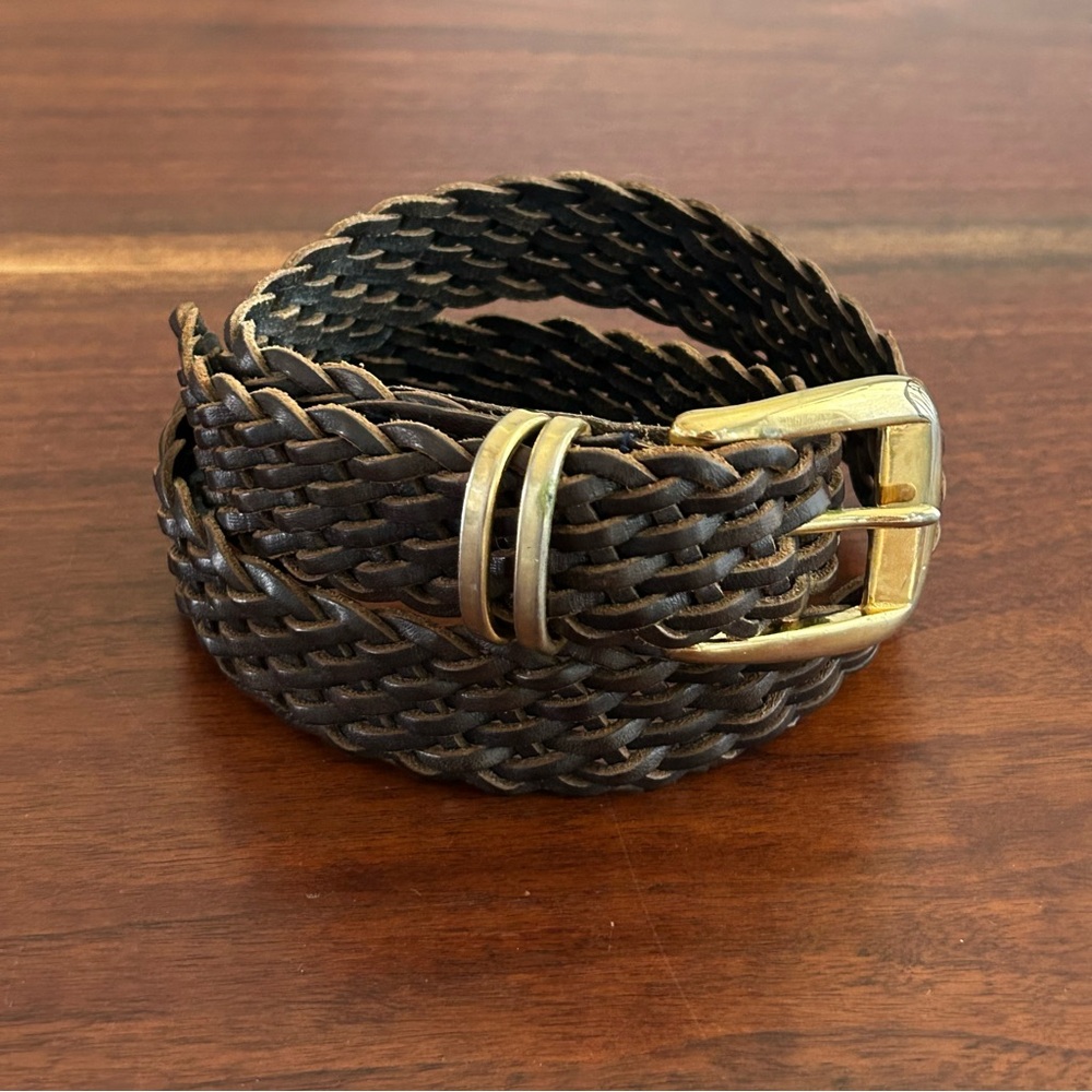 Talbots Dark Brown Braided Leather Belt Brass Buckle Size Medium